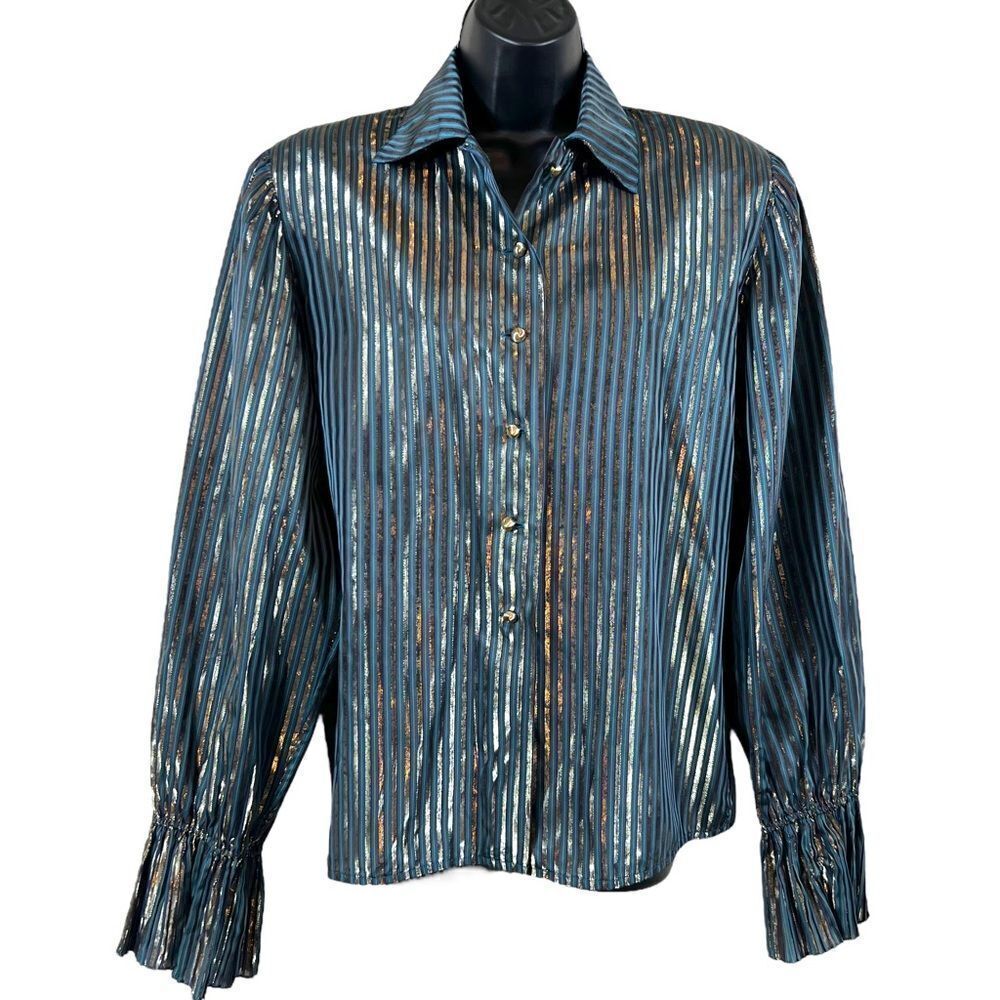 Vintage Nina Ricci Paris Metallic Striped Bell Sleeve Button Front Blouse